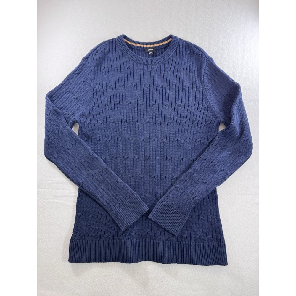 Express Mens Cable Knit Crew Neck Sweater Large Blue Long Sleeve 100% Cotton EUC